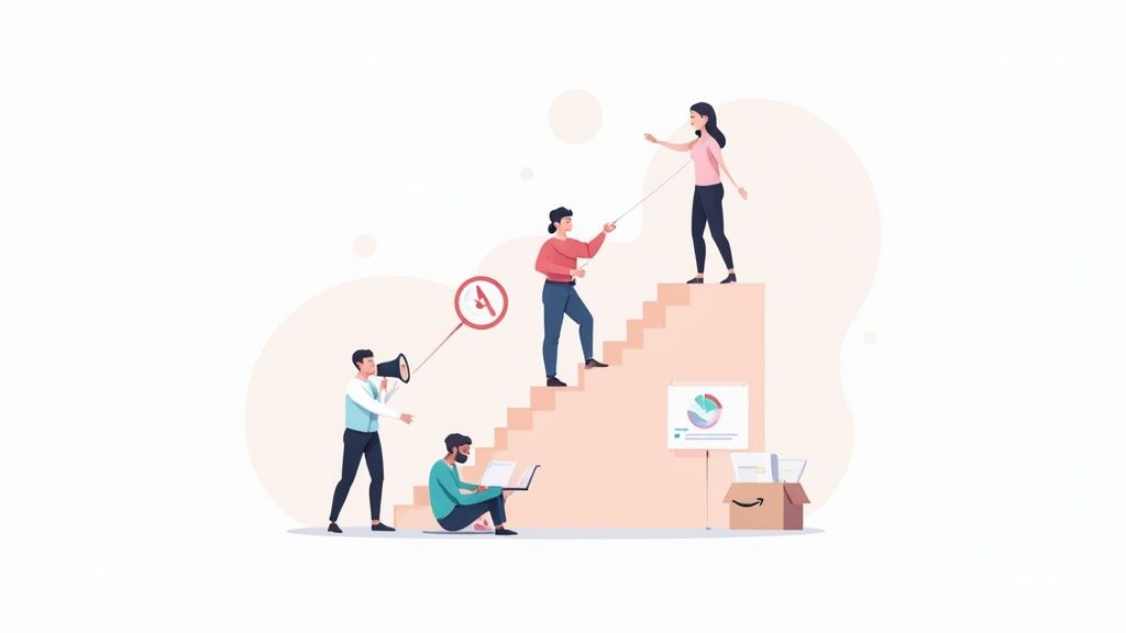 Illustration of a diverse team collaborating, supporting each other climbing stairs, symbolizing business growth and success.