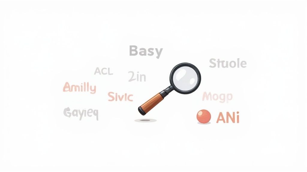 A person using a magnifying glass to inspect different icons representing potential website niches, like a camera, a plant, and a dumbbell.