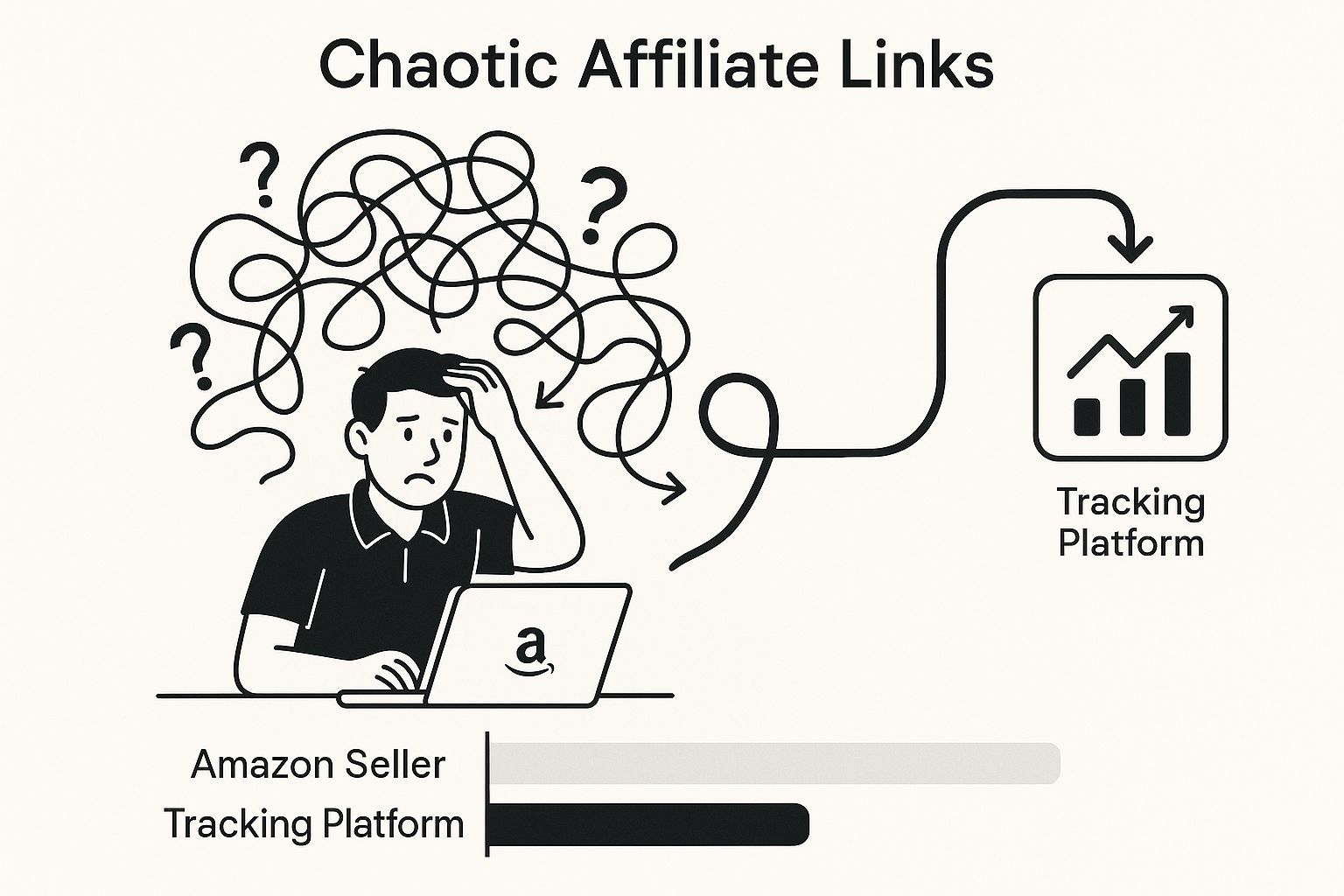 Infographic showing a tangled maze of affiliate links being simplified into a clear path by a tracking platform