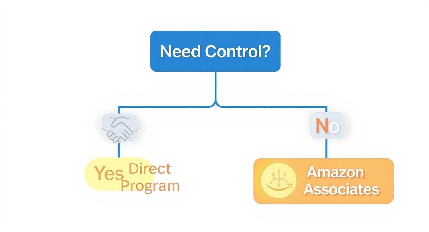 Flowchart comparing affiliate programs: 'Need Control?' leads to 'Direct Program' (Yes) or 'Amazon Associates' (No).