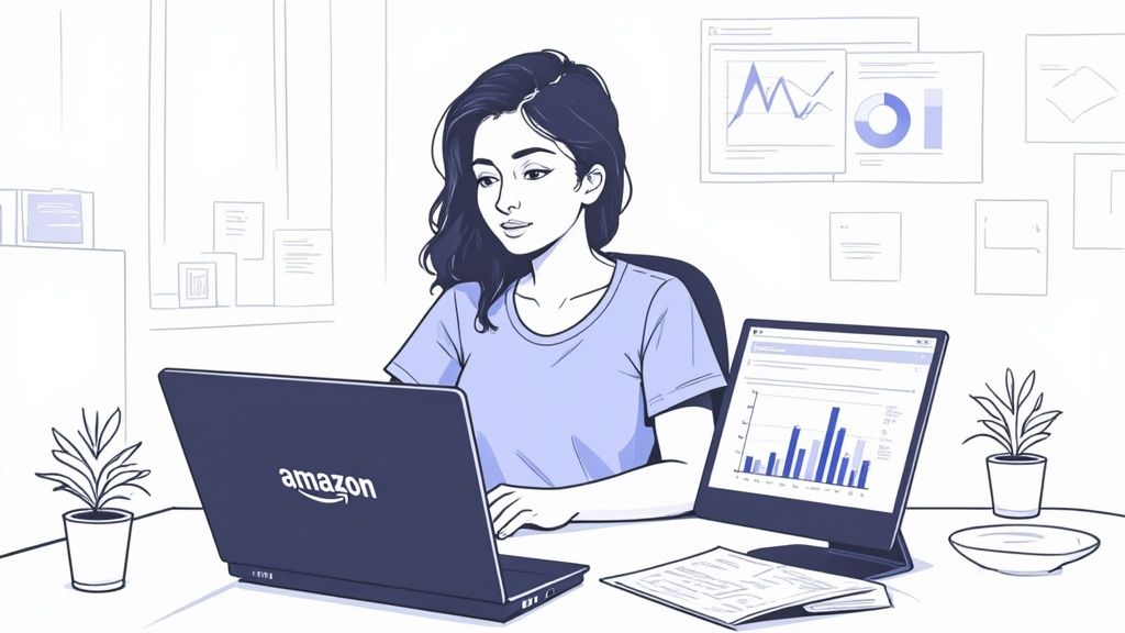 A person analyzing Amazon PPC data on a laptop, showing graphs and metrics.