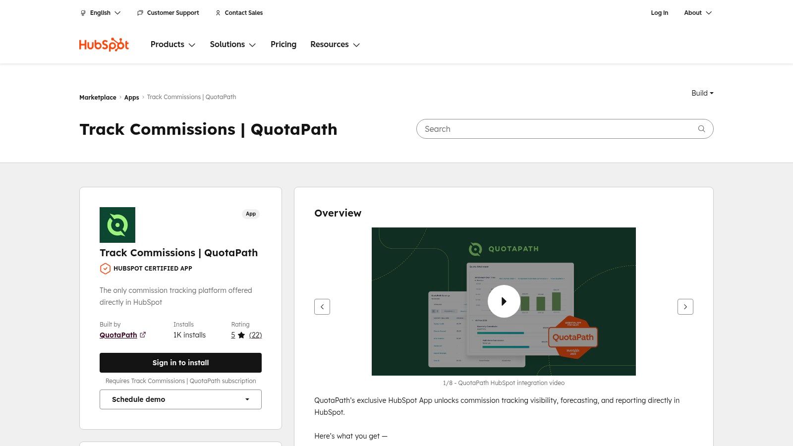HubSpot App Marketplace (QuotaPath listing)