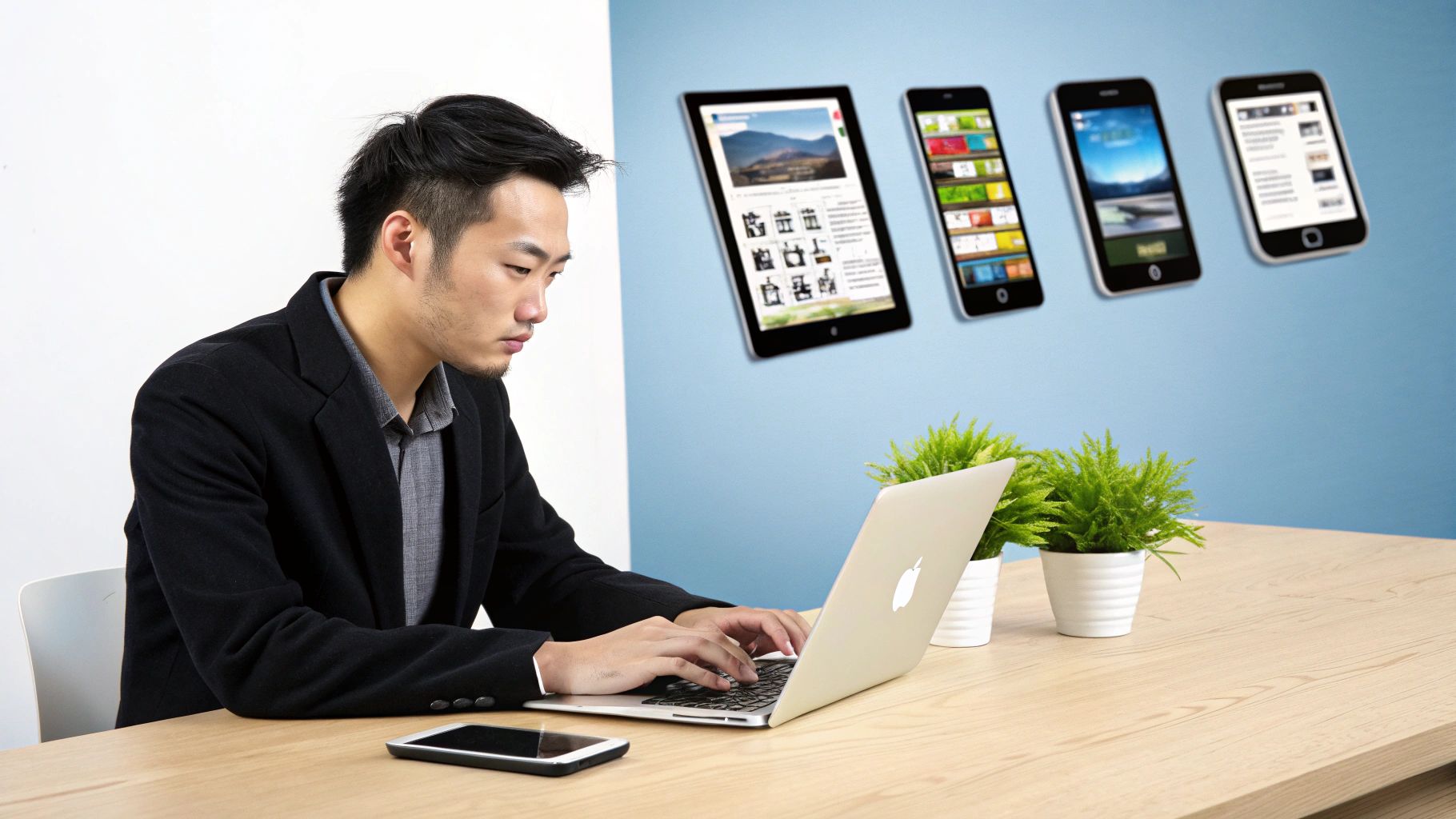 一名商务人士在笔记本电脑上工作，旁边是手机，背景墙上展示着平板和智能手机应用界面。