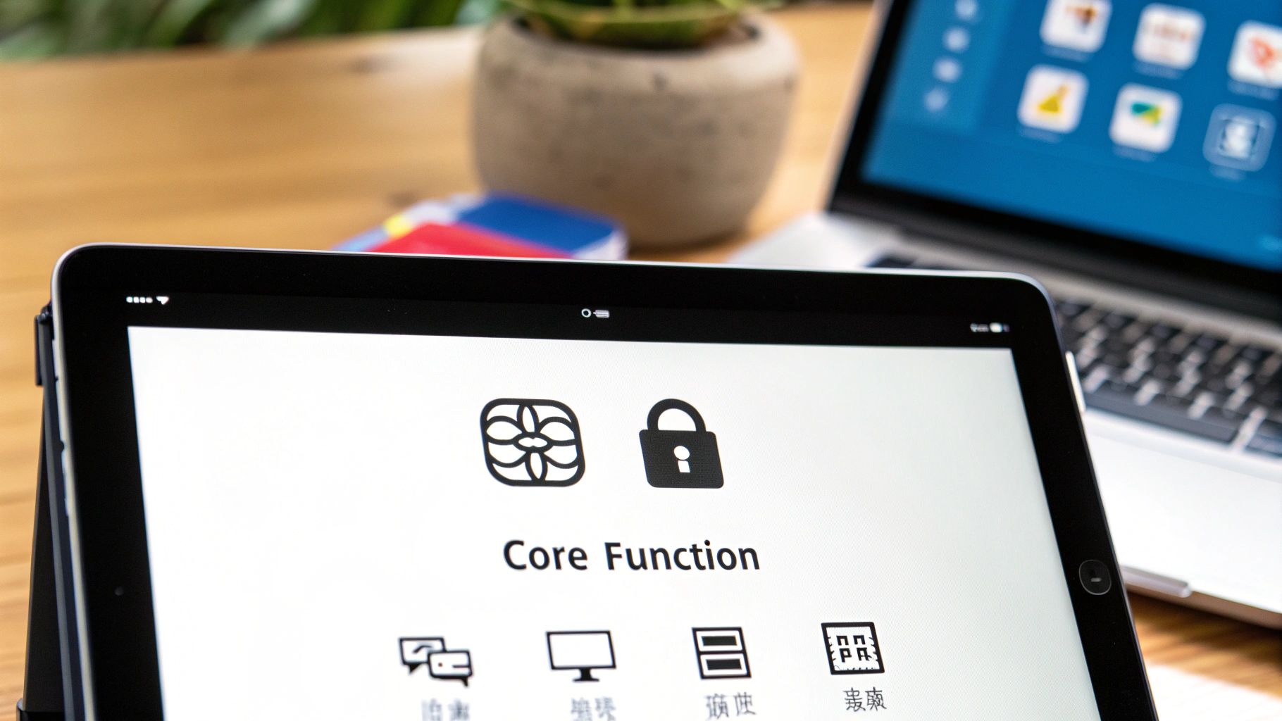 平板电脑屏幕上显示“核心功能”和图标，背景是模糊的笔记本电脑和植物。
