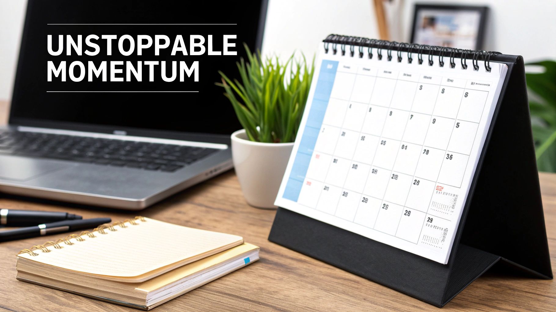 A desk setup featuring a laptop displaying 'UNSTOPPABLE MOMENTUM', a calendar, notebook, and plant.