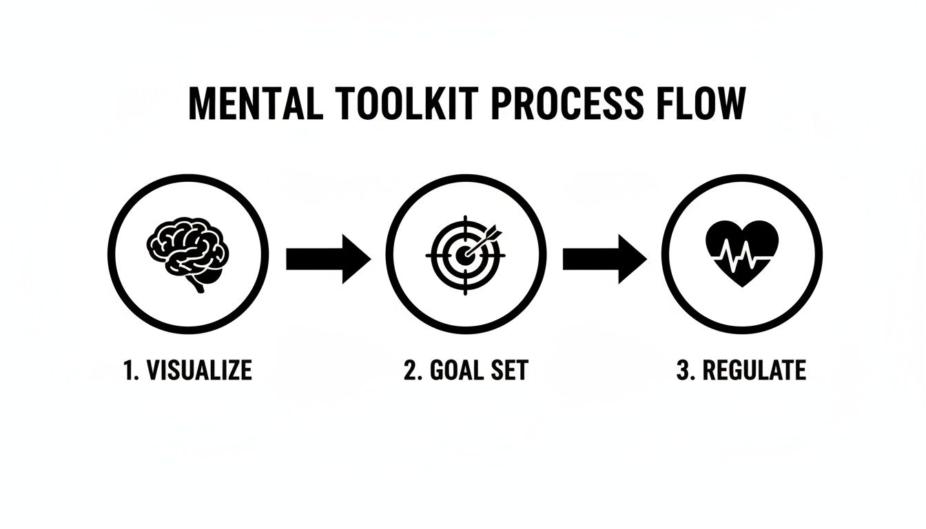 A mental toolkit process flow diagram showing three steps: visualize, goal set, and regulate.