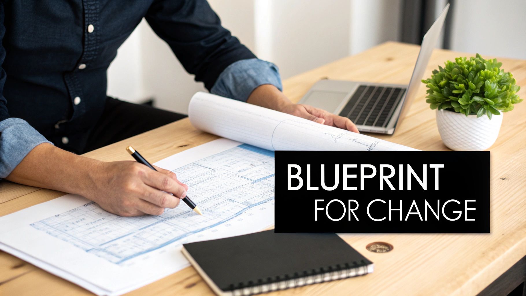 Person drafting architectural blueprints at a wooden desk, surrounded by a laptop, plant, and a 'BLUEPRINT FOR CHANGE' sign.