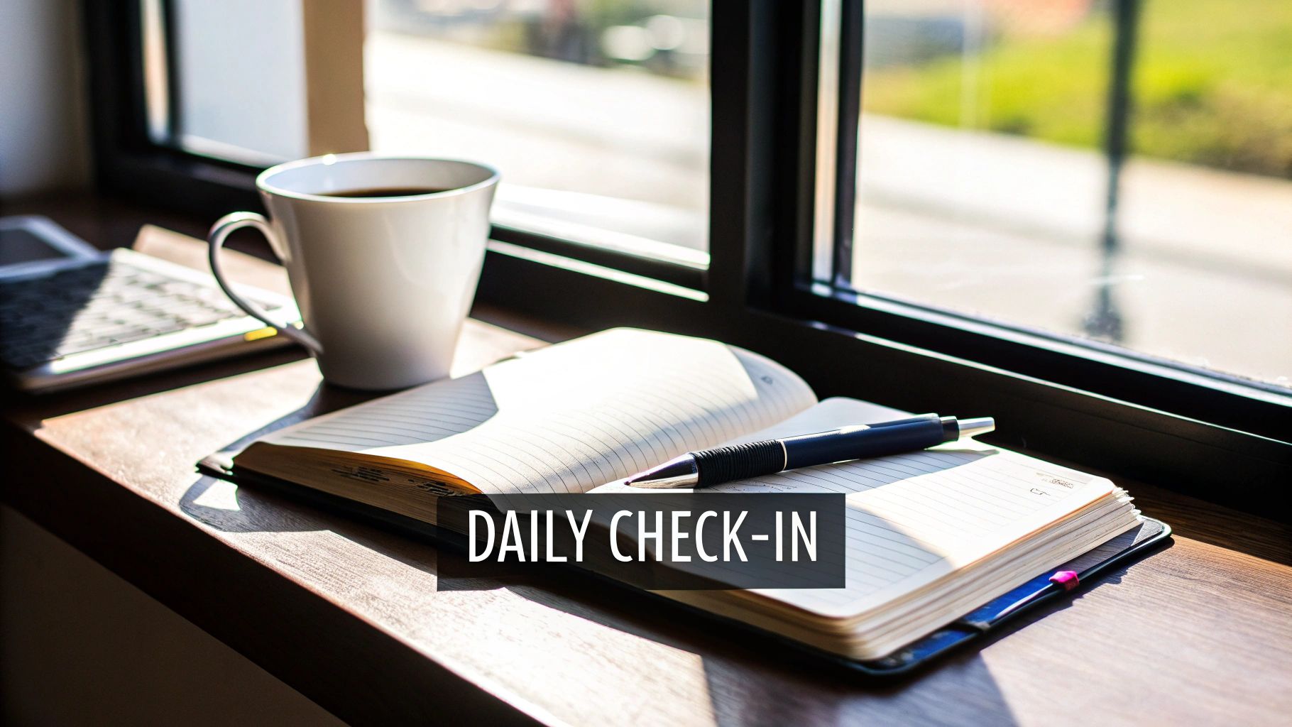 A bright workspace with coffee, an open journal, and a pen by a sunlit window, perfect for daily check-ins.