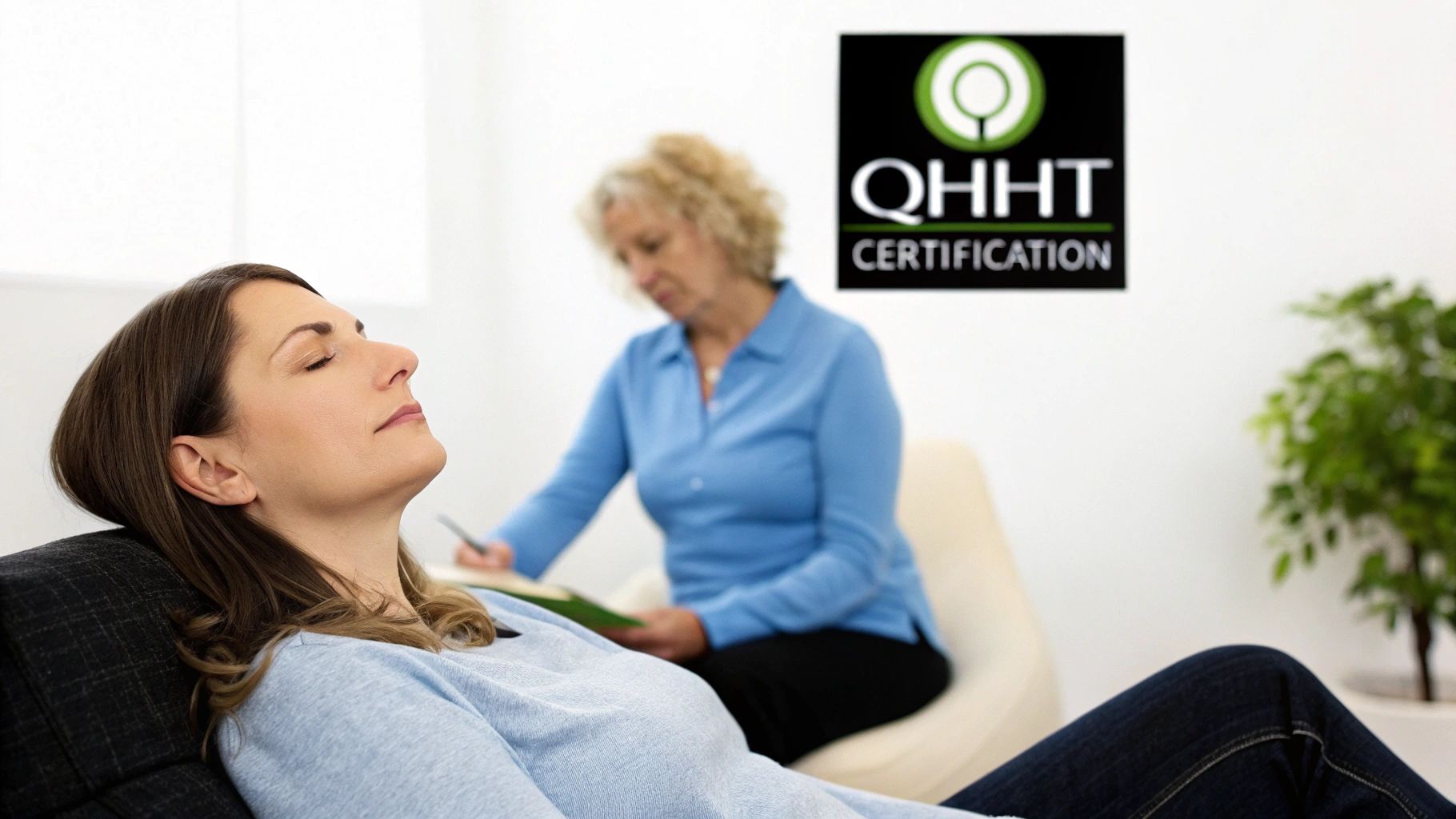 A woman lies with eyes closed during a QHHT hypnosis session as a practitioner takes notes.
