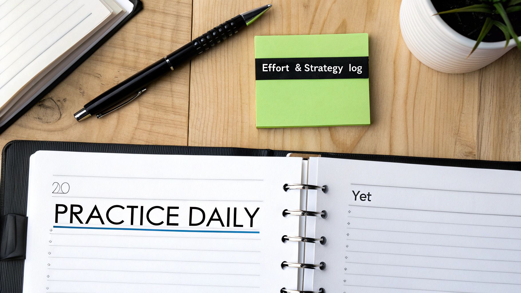 Flat lay of a desk with an open planner showing 'PRACTICE DAILY', a pen, and 'Effort &amp; Strategy log' notes.