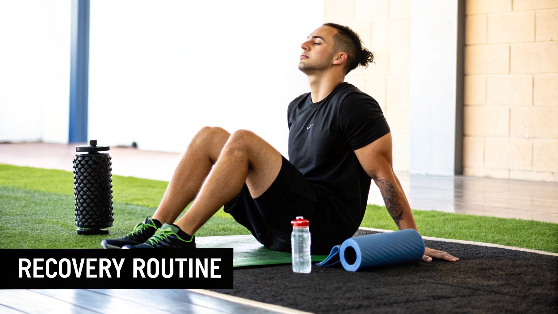 A man in athletic wear sits on a mat, eyes closed, surrounded by fitness recovery tools.