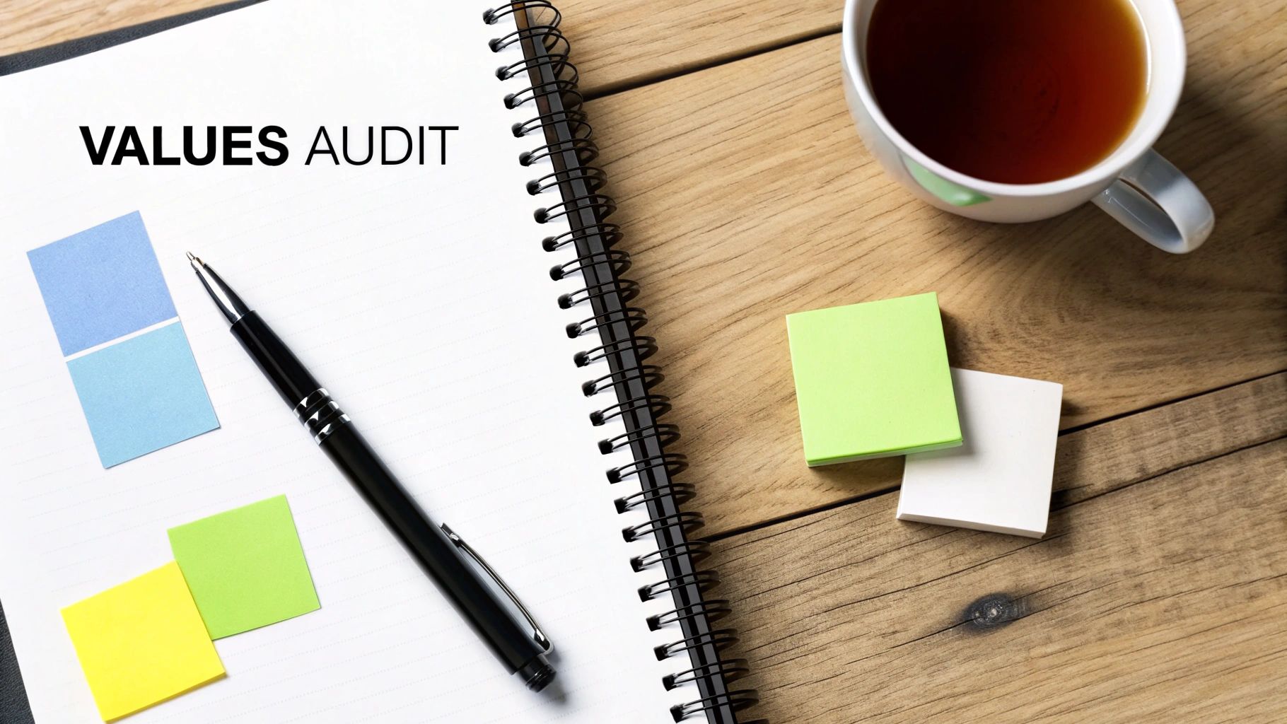 A spiral notebook with 'VALUES AUDIT' text, a pen, colorful sticky notes, and a cup of tea.