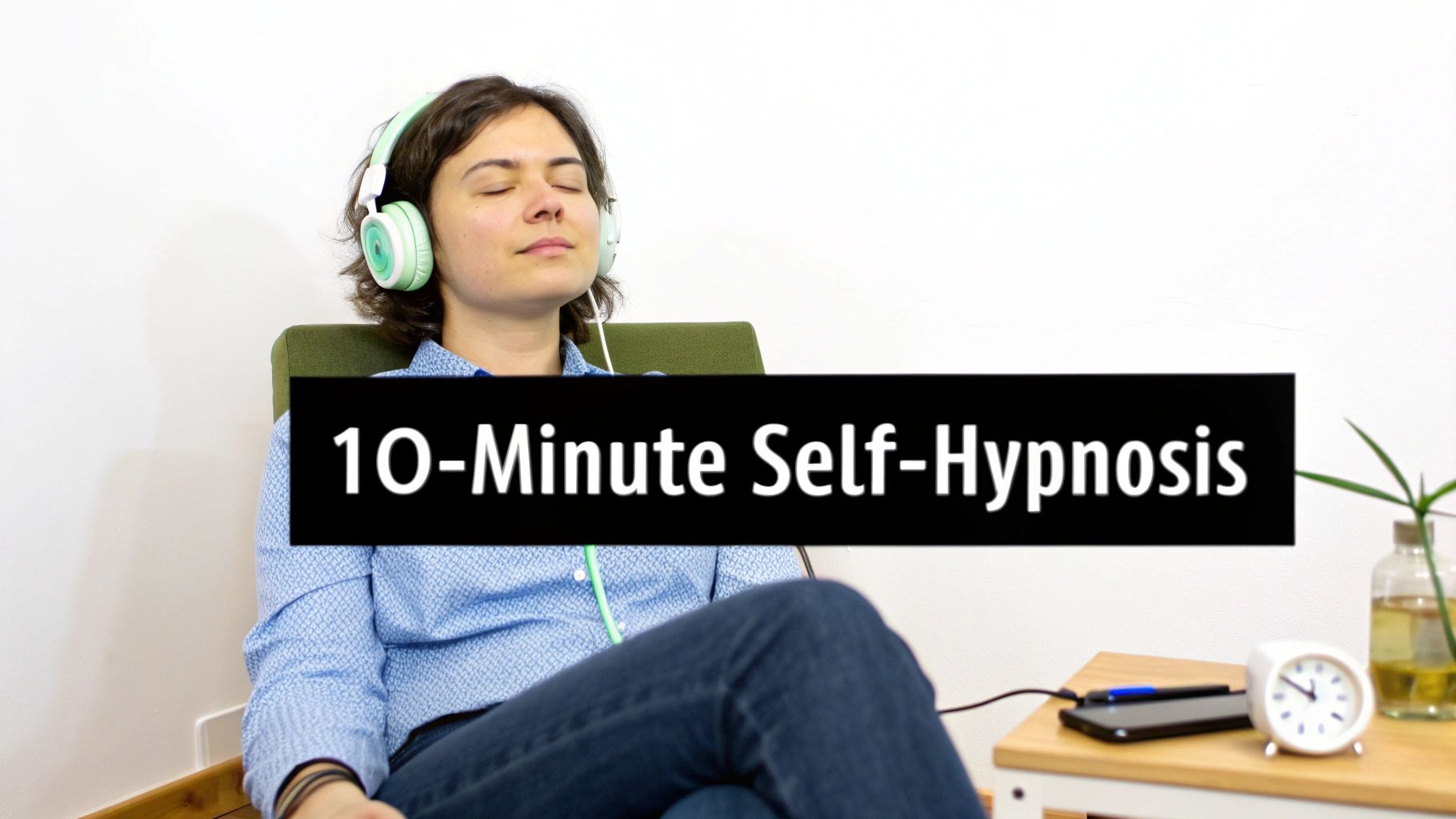 A woman with headphones and closed eyes practices 10-minute self-hypnosis, relaxing in a chair.