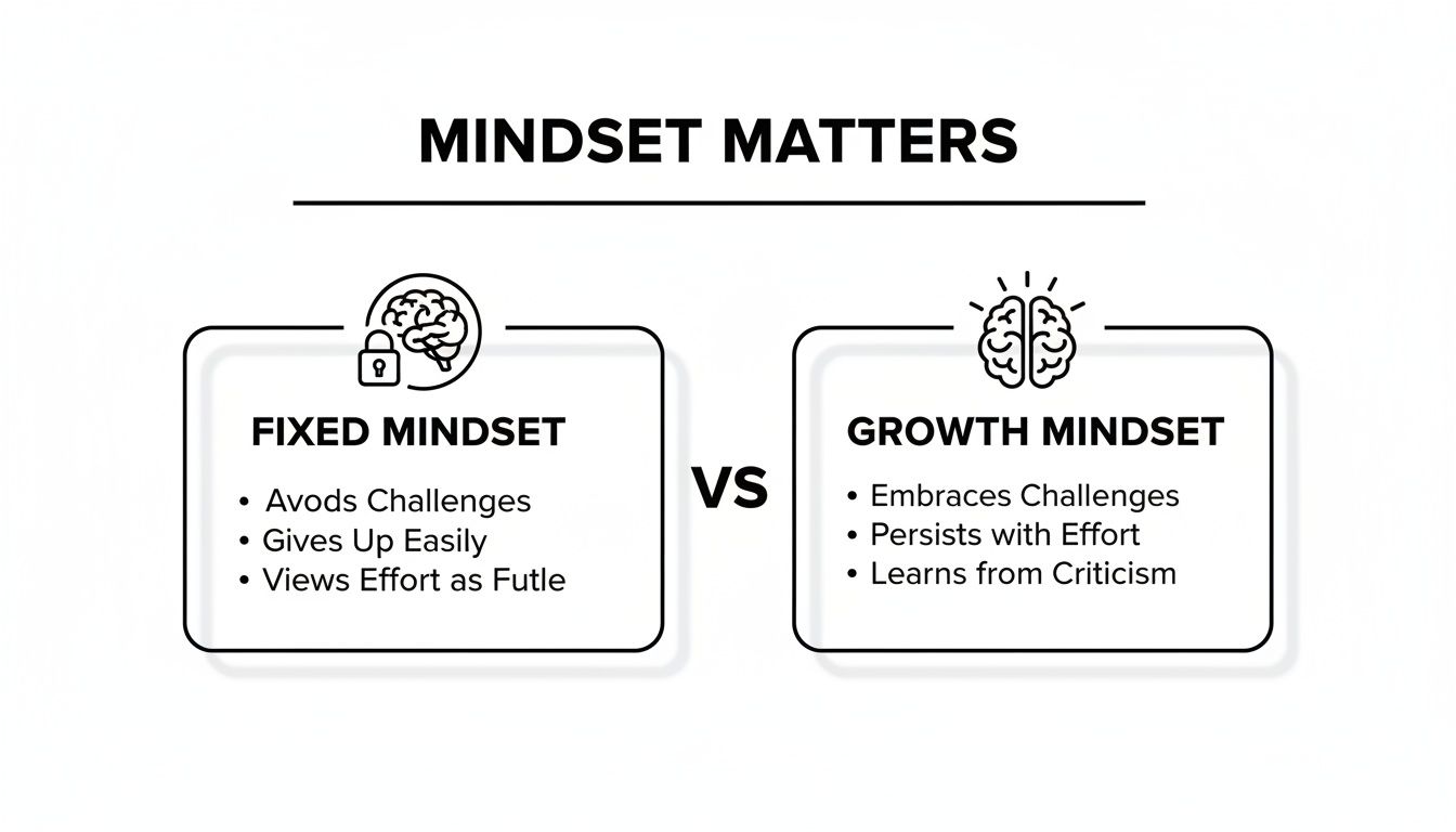 An infographic comparing fixed mindset (avoids challenges, gives up easily) versus growth mindset (embraces challenges, learns from criticism).