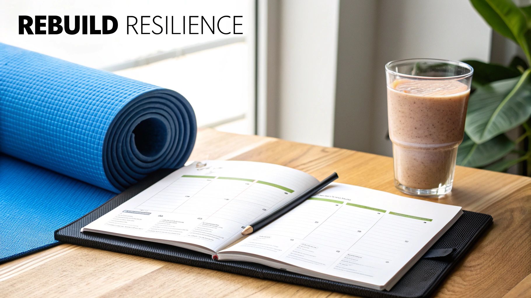 A blue yoga mat, open planner with a pen, and a healthy smoothie on a wooden table, encouraging rebuilding resilience.