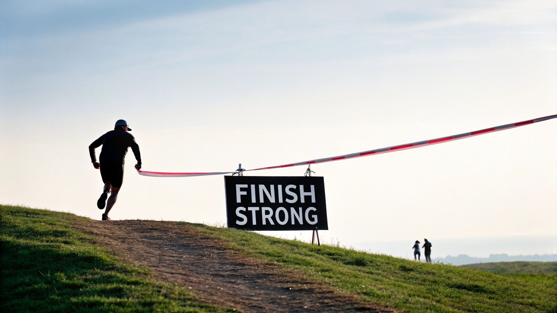 A lone runner approaches a finish line with a 'FINISH STRONG' sign on a grassy hill.