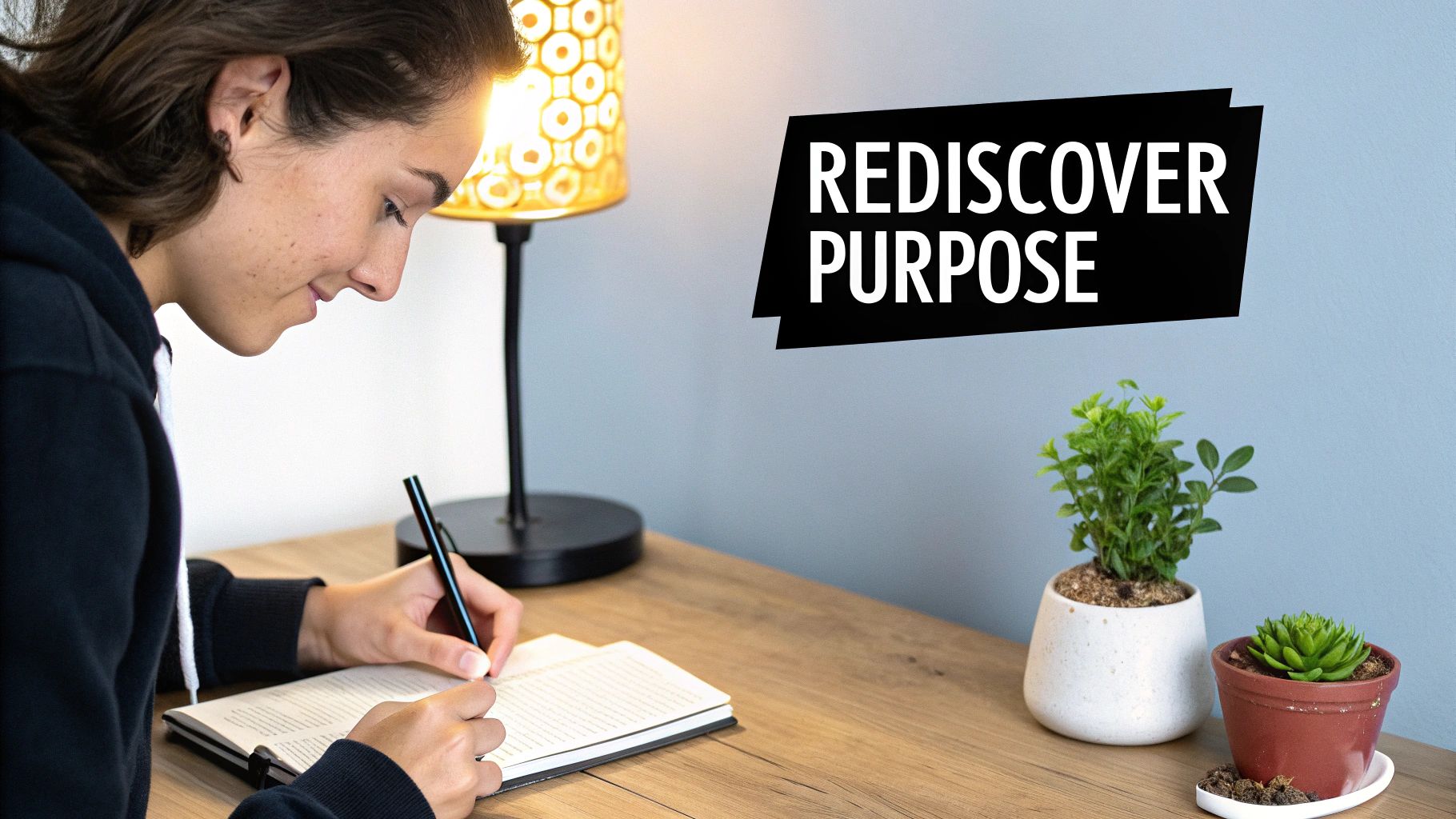 Focused person writing in a notebook at a wooden desk, with a lamp, plants, and a 'REDISCOVER PURPOSE' sign.