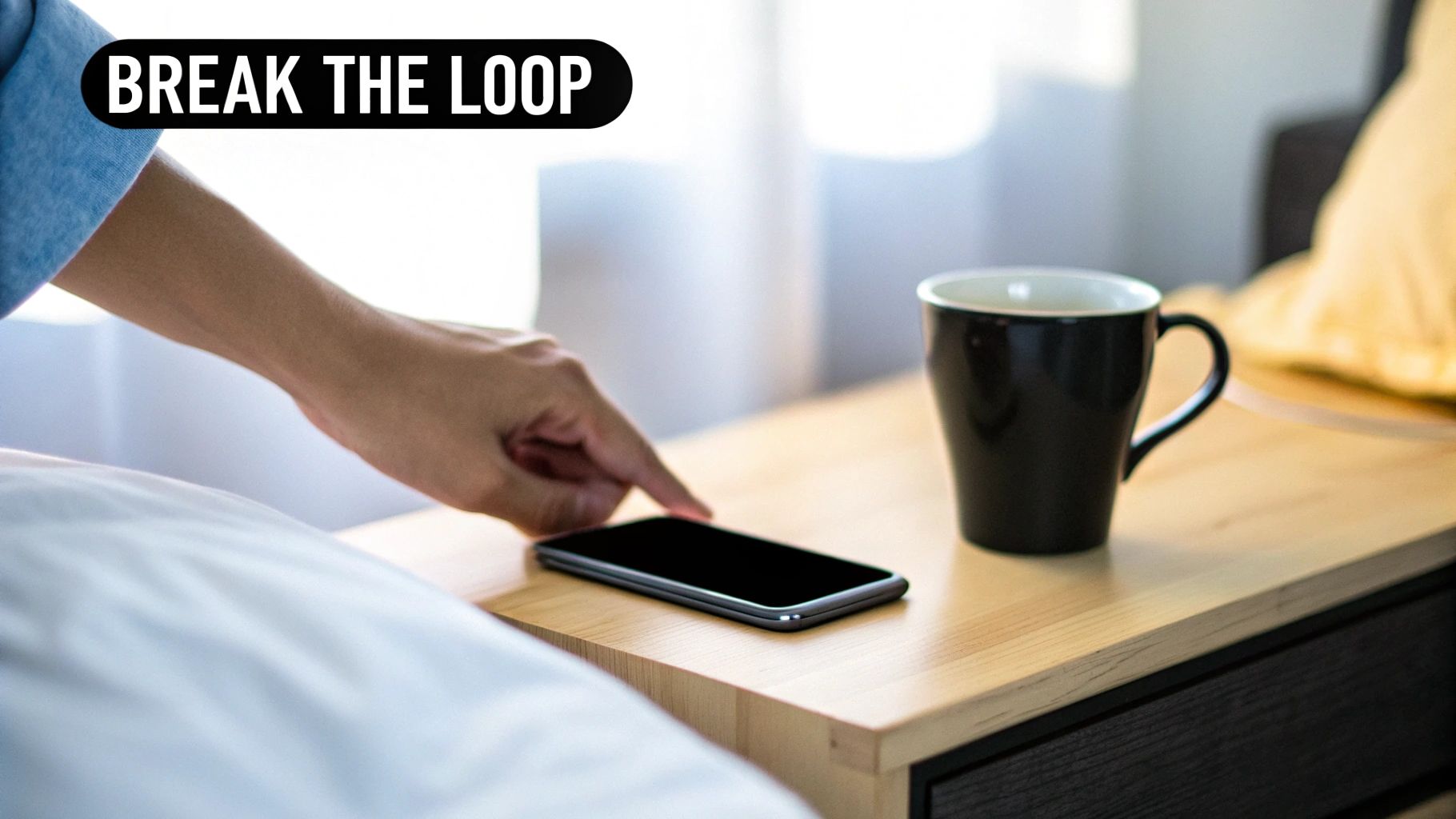 A hand reaches for a smartphone on a wooden nightstand next to a black mug, promoting to 'BREAK THE LOOP'.