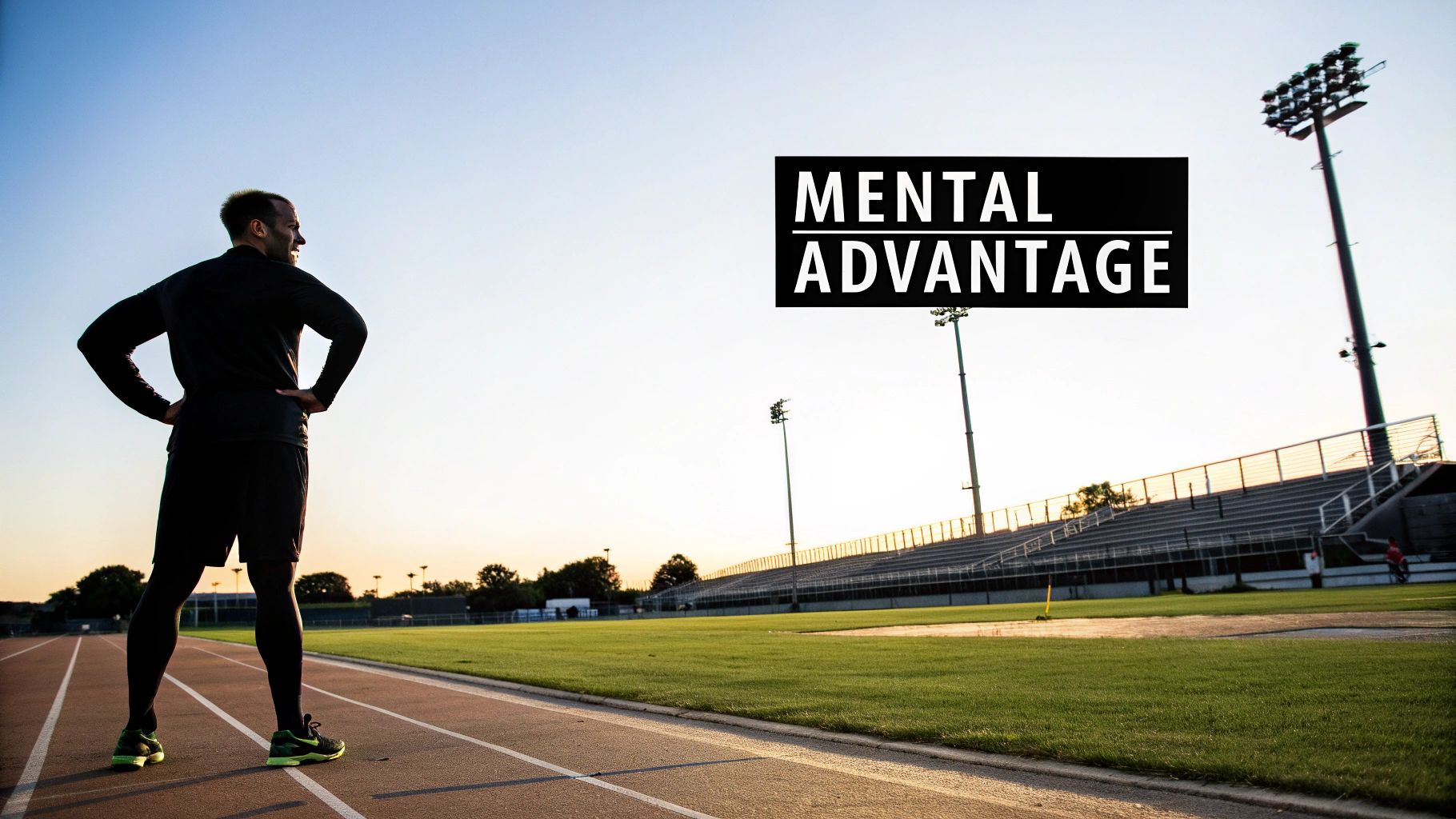 Athlete stands on a running track looking at a stadium with floodlights under a clear sky, with 'MENTAL ADVANTAGE' text.