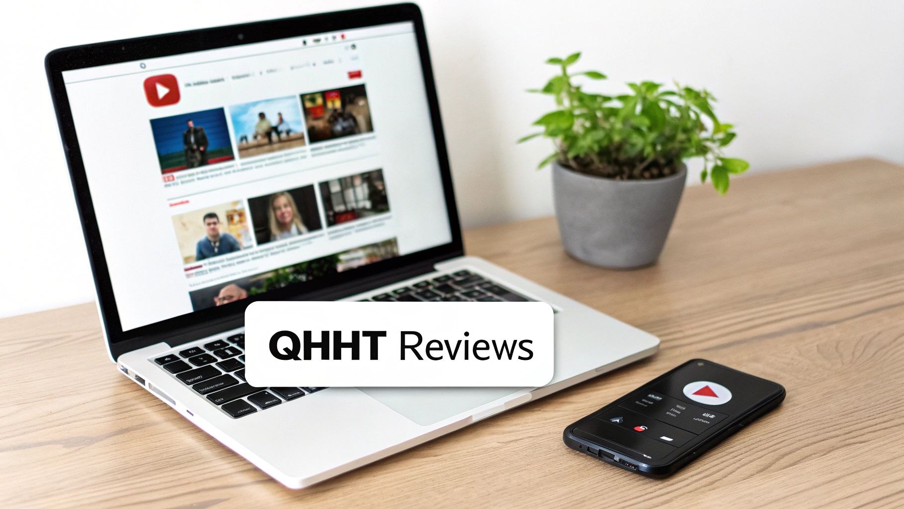A laptop displaying YouTube videos, a smartphone, and a plant on a desk with 'QHHT Reviews' overlay.