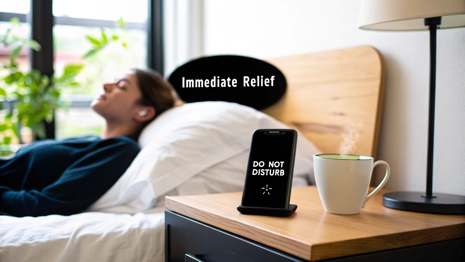 Woman relaxing in bed with earbuds, a 'do not disturb' phone, and a steaming mug for immediate relief.