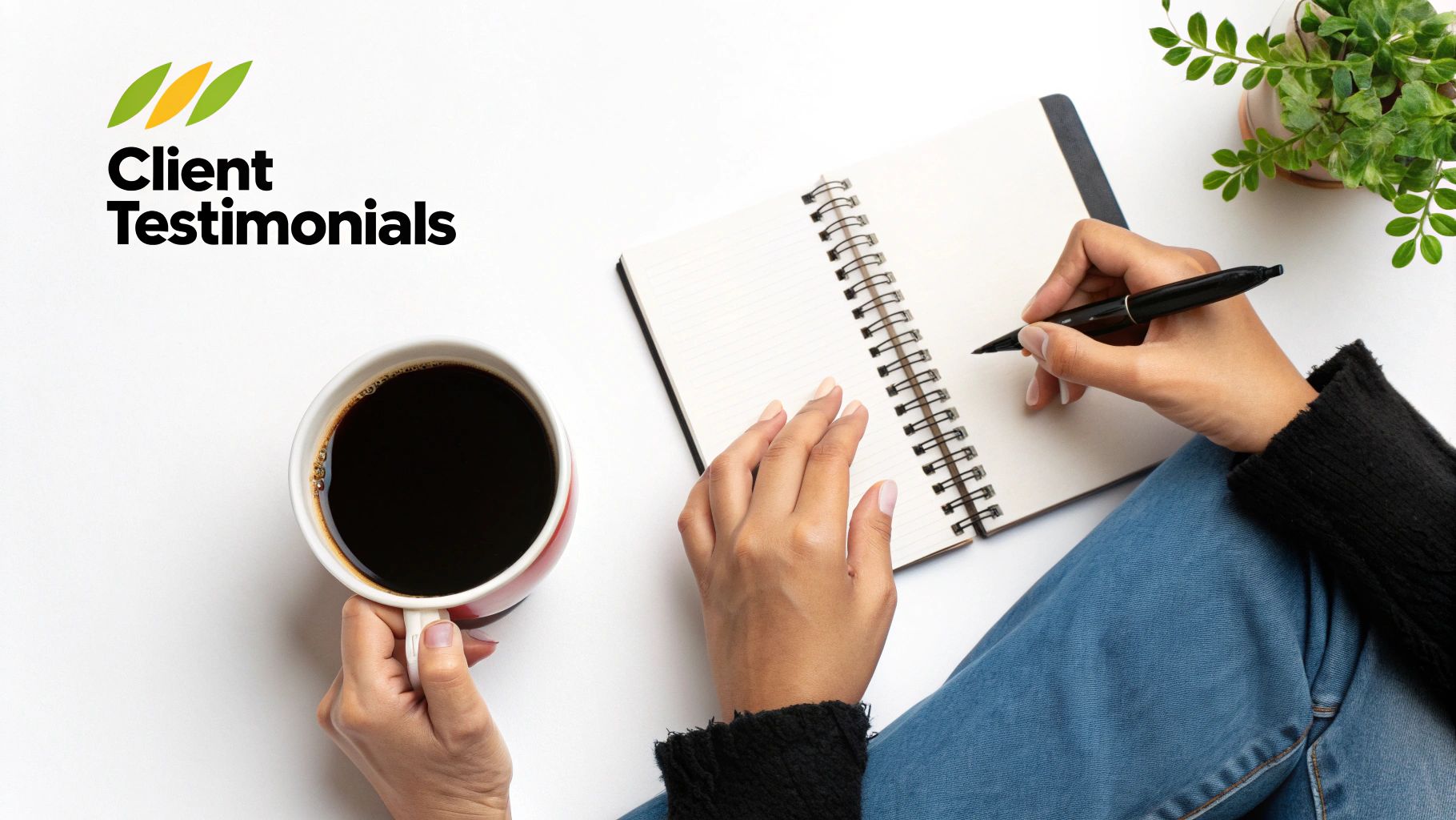 Overhead view of hands writing in a notebook and holding coffee, next to a 'Client Testimonials' logo.