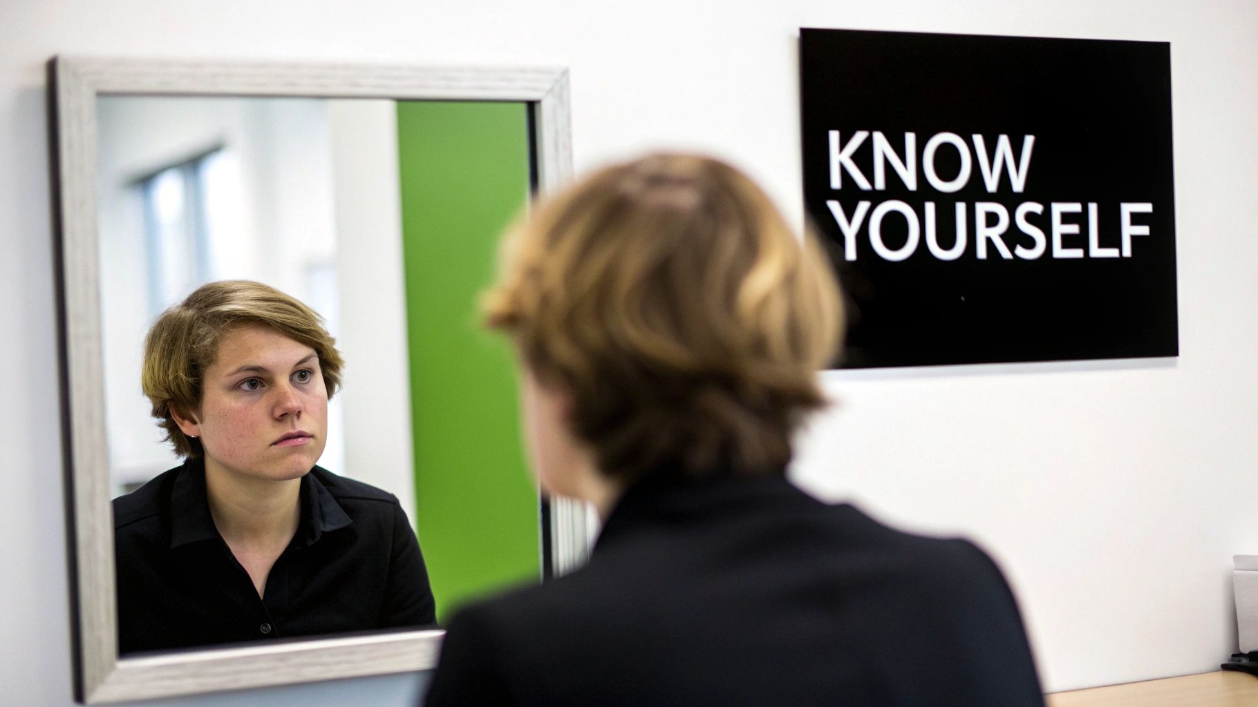 A person looks into a mirror, reflecting a focused expression, next to a 'Know Yourself' sign.