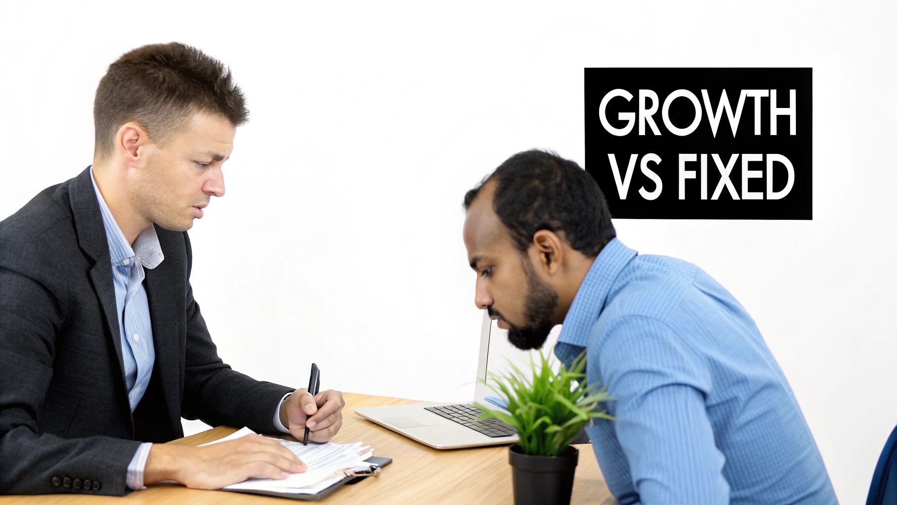 Two men discuss 'Growth vs Fixed' concepts at a desk with a laptop and documents.