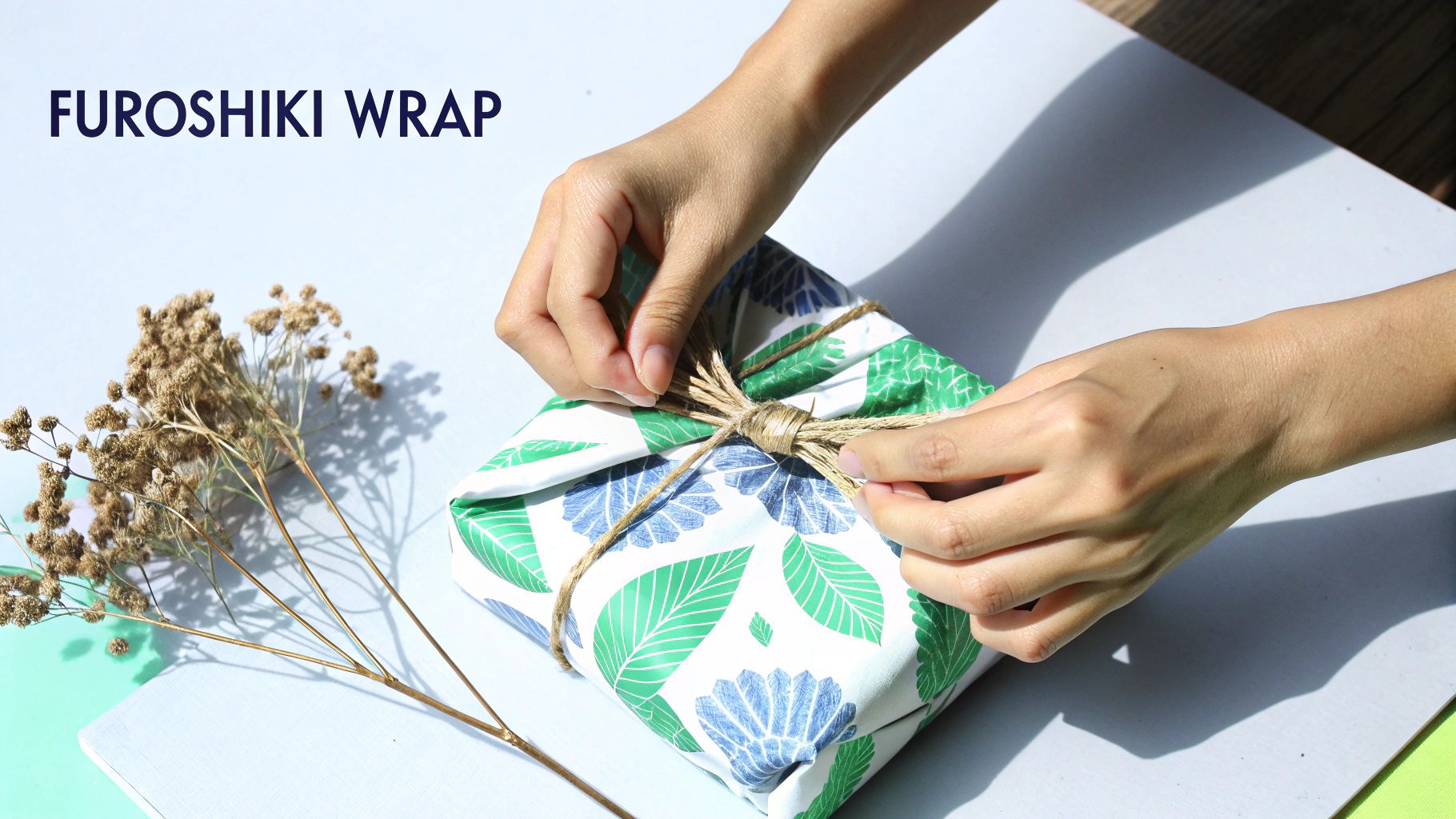 Hands tying twine around a beautifully wrapped furoshiki gift with leaf patterns, next to dried flowers.