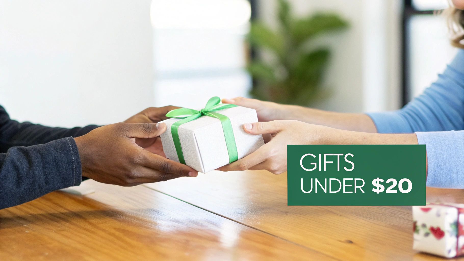 Two hands exchanging a white gift box tied with a bright green ribbon, promoting gifts under $20.