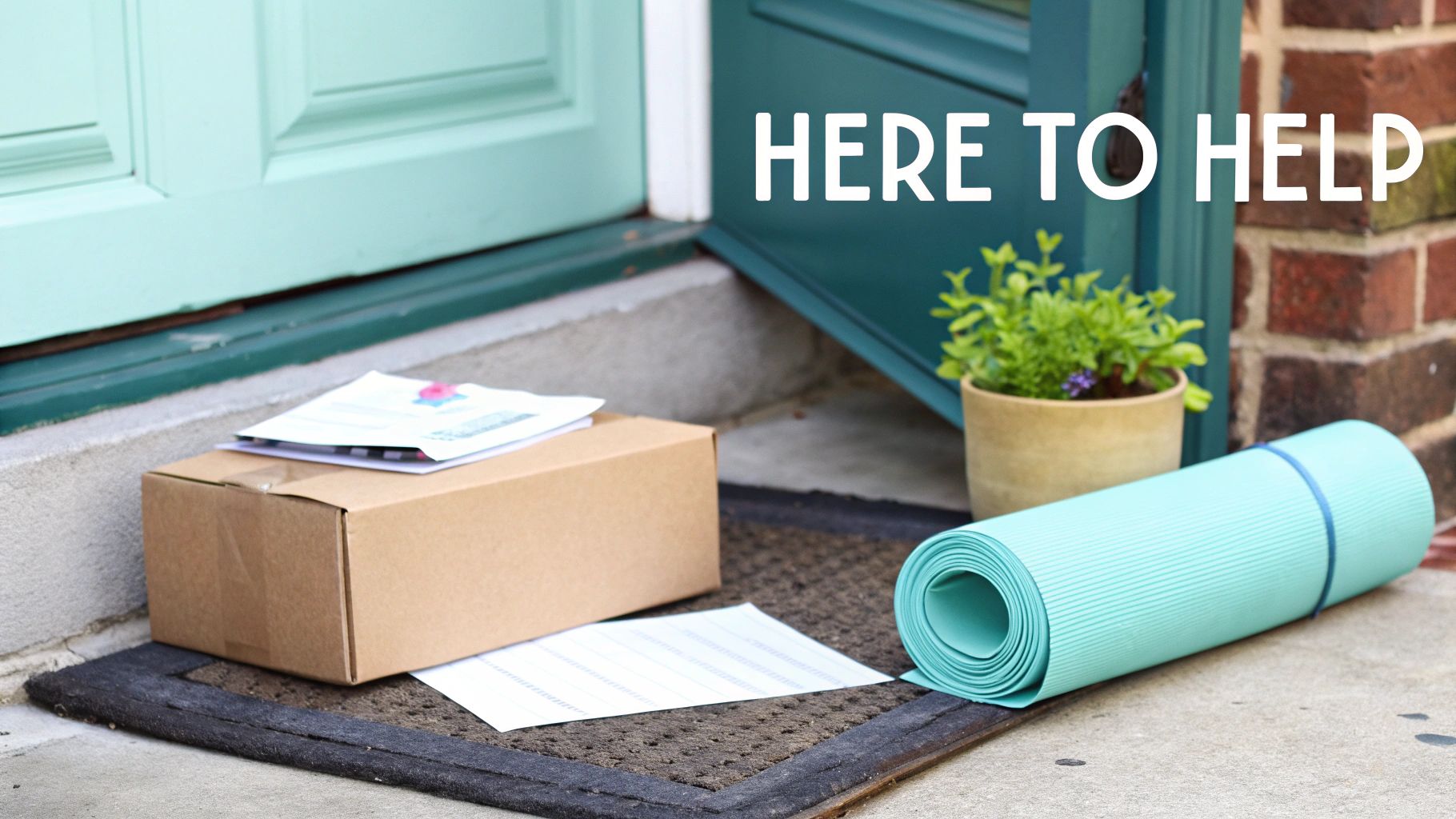 A package, mail, and a teal yoga mat delivered to a front doorstep.