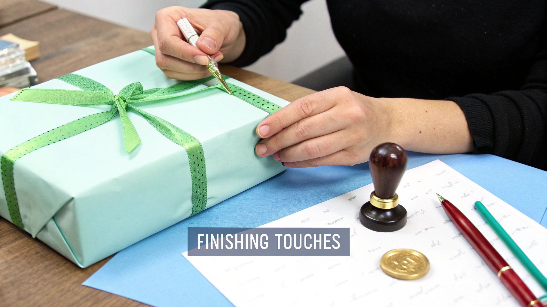Hands meticulously apply finishing touches to a gift box wrapped in light blue paper and green ribbon.