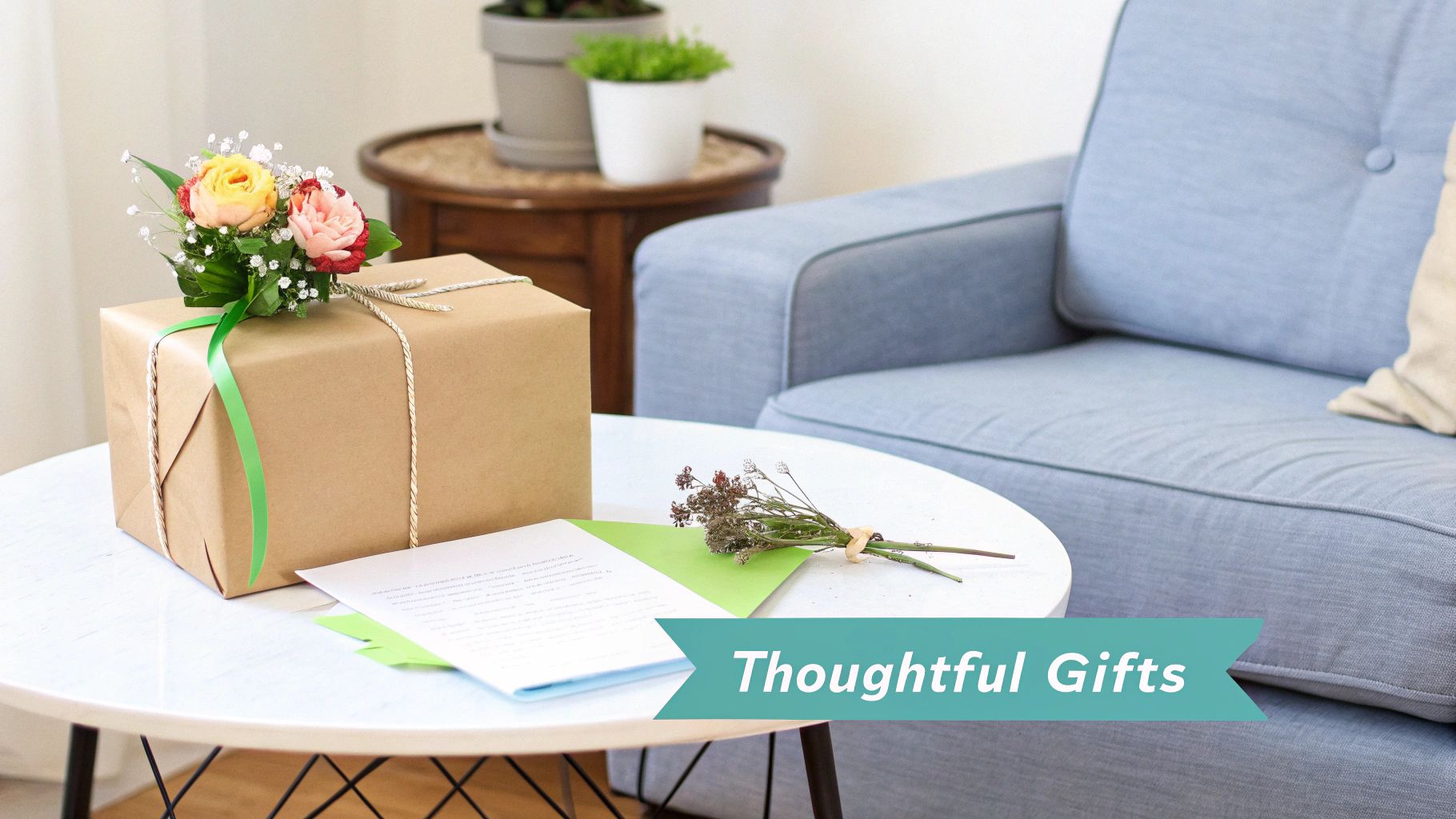 A thoughtful gift box with flowers and a card sits on a table next to a blue sofa.