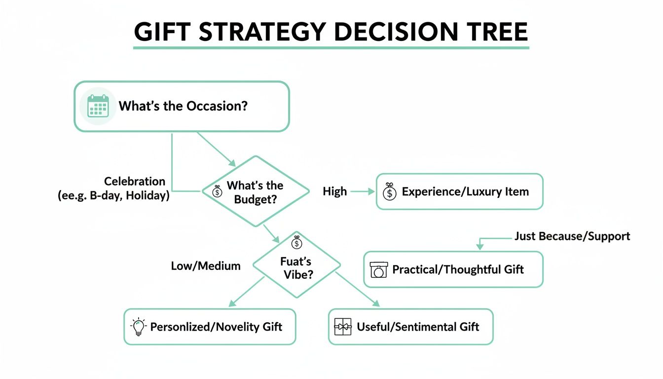 A gift strategy decision tree flowchart guiding selection based on occasion, budget, and recipient's preferences.