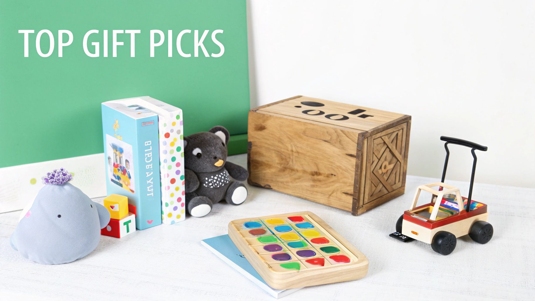 A colorful collection of children's toys, including plush animals, books, puzzles, blocks, and a toy car.