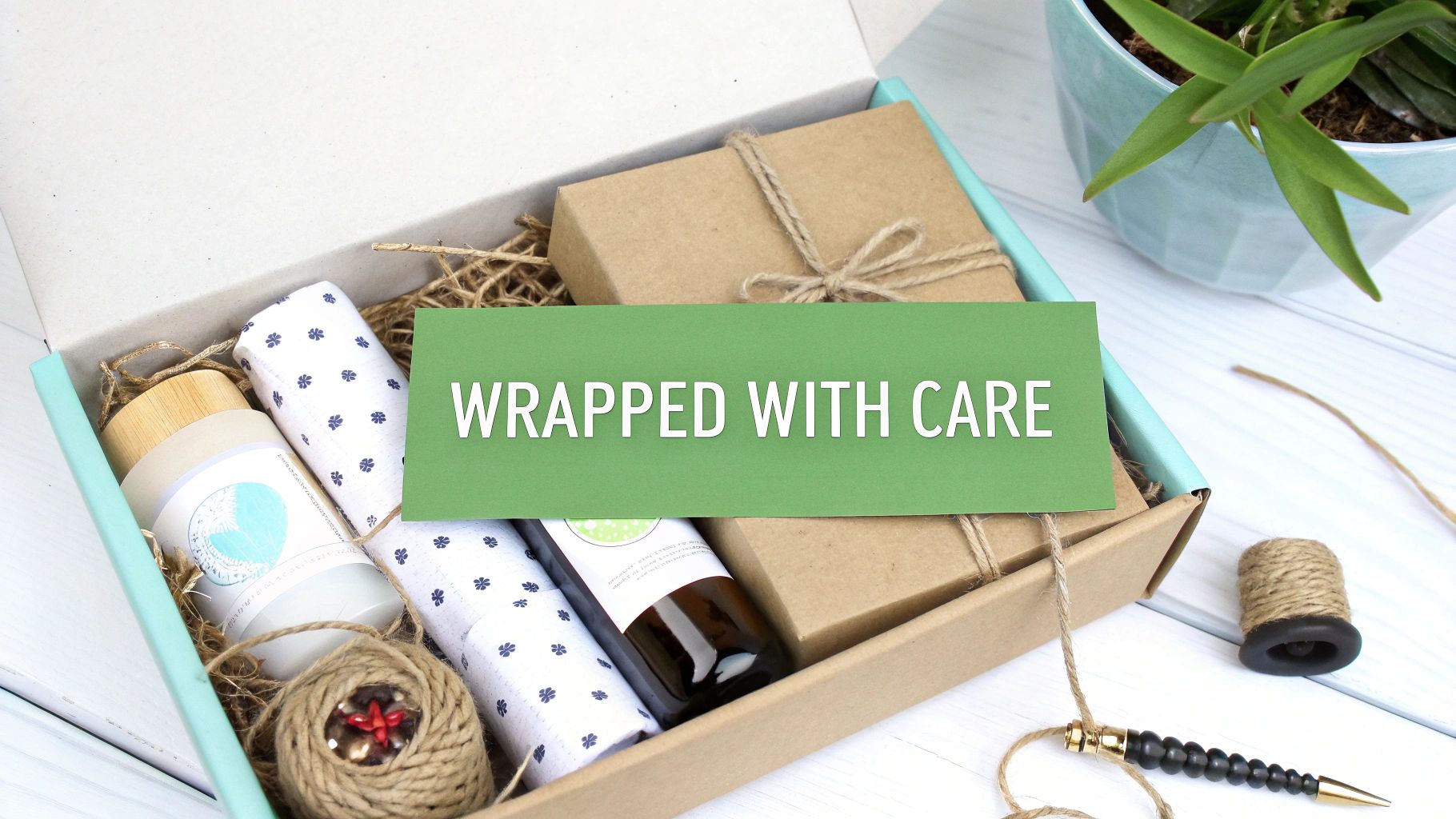 An open craft kit box filled with wrapped items, bottles, twine, and a "WRAPPED WITH CARE" card.