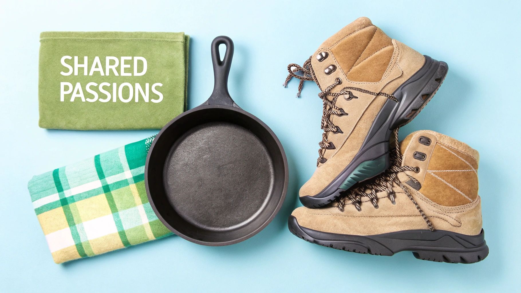 Flat lay of hiking boots, a frying pan, and kitchen towels on a blue background, representing shared passions.