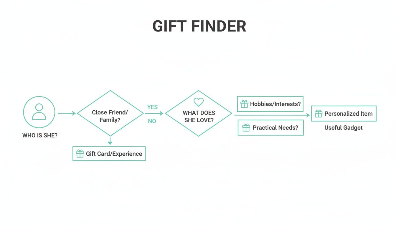 A flowchart titled 'Gift Finder' guiding gift selection based on relationship and recipient's interests.