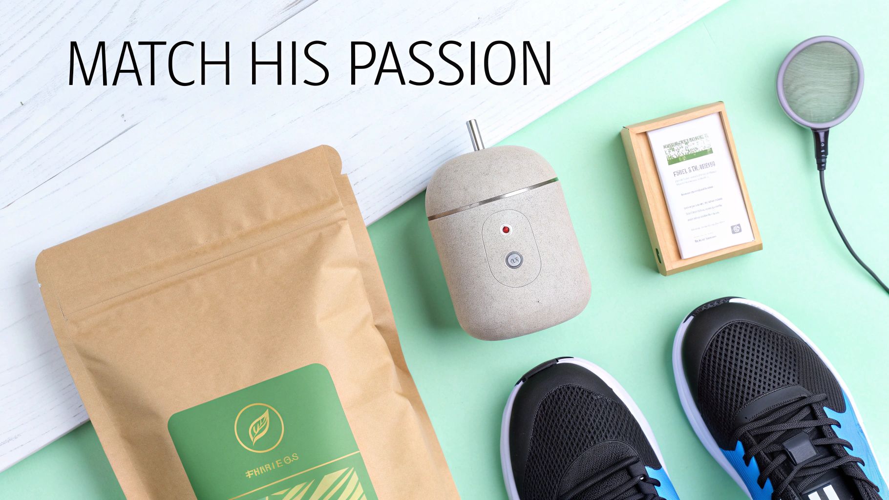 A flat lay of various gifts for men, including a supplement pouch, a portable blender, athletic shoes, and a microphone pop filter.
