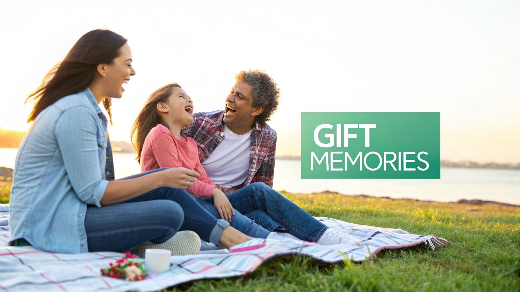 Happy family enjoying outdoor picnic together by the lake with gift memories text overlay