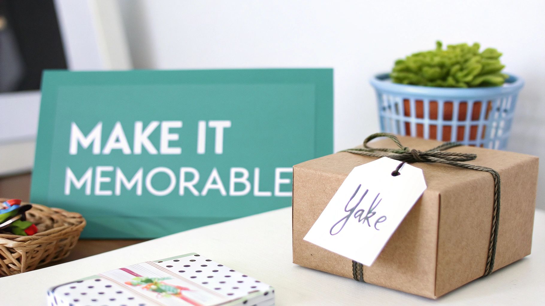 A neatly wrapped brown gift box with a tag, positioned in front of a 'MAKE IT MEMORABLE' sign.