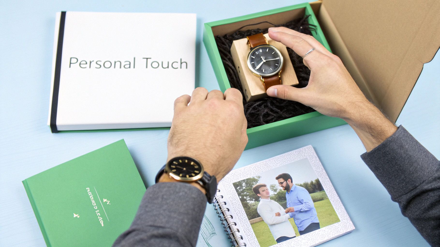 Hands unbox a watch gift from a green box, with a 'Personal Touch' notebook nearby.