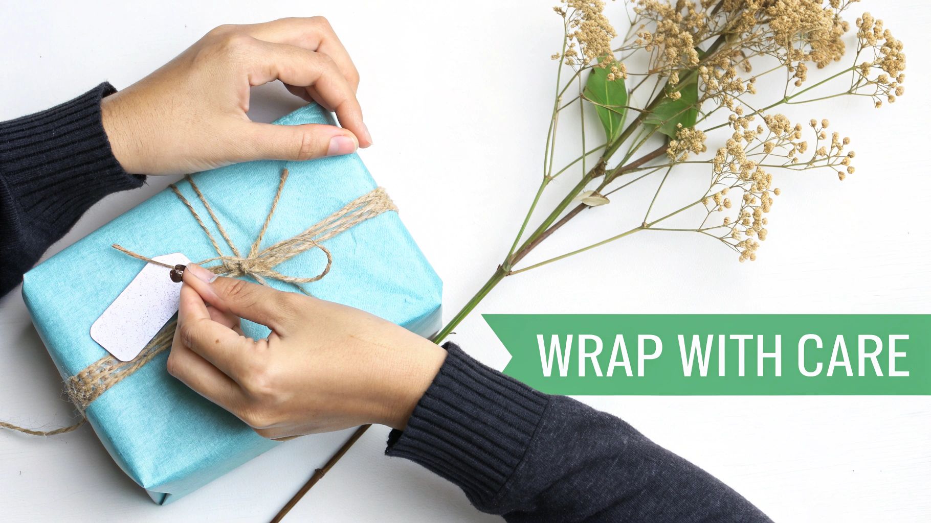 Hands carefully wrapping a light blue gift with natural twine and attaching a blank gift tag.