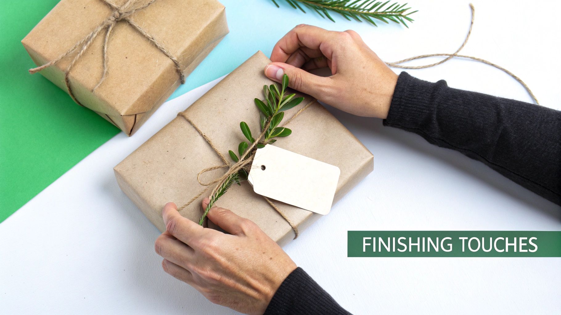 Person's hands adding a green sprig and blank gift tag to a carefully wrapped present.