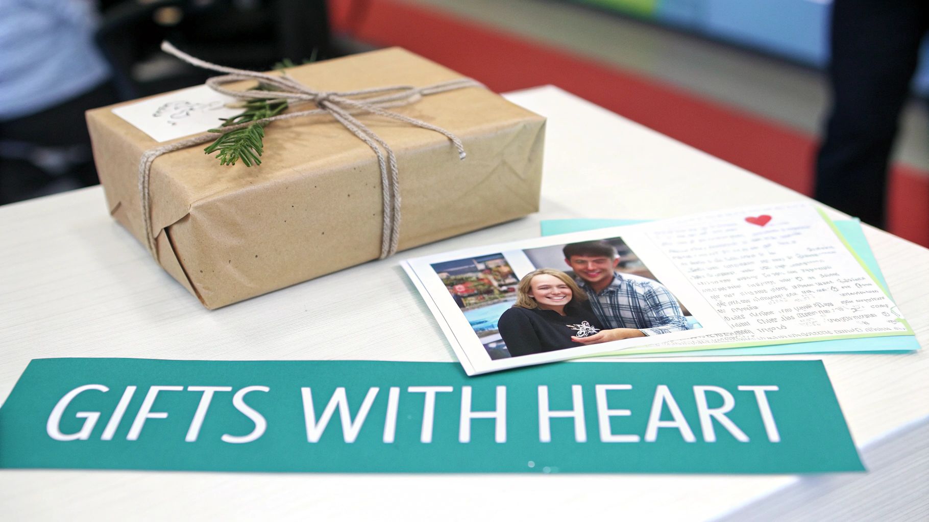 A brown paper gift, a photo of a smiling couple, and a handwritten note with a 'Gifts with Heart' banner.