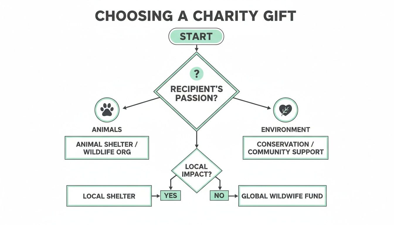 Flowchart for choosing a charity gift based on recipient's passion for animals or environment and local impact.