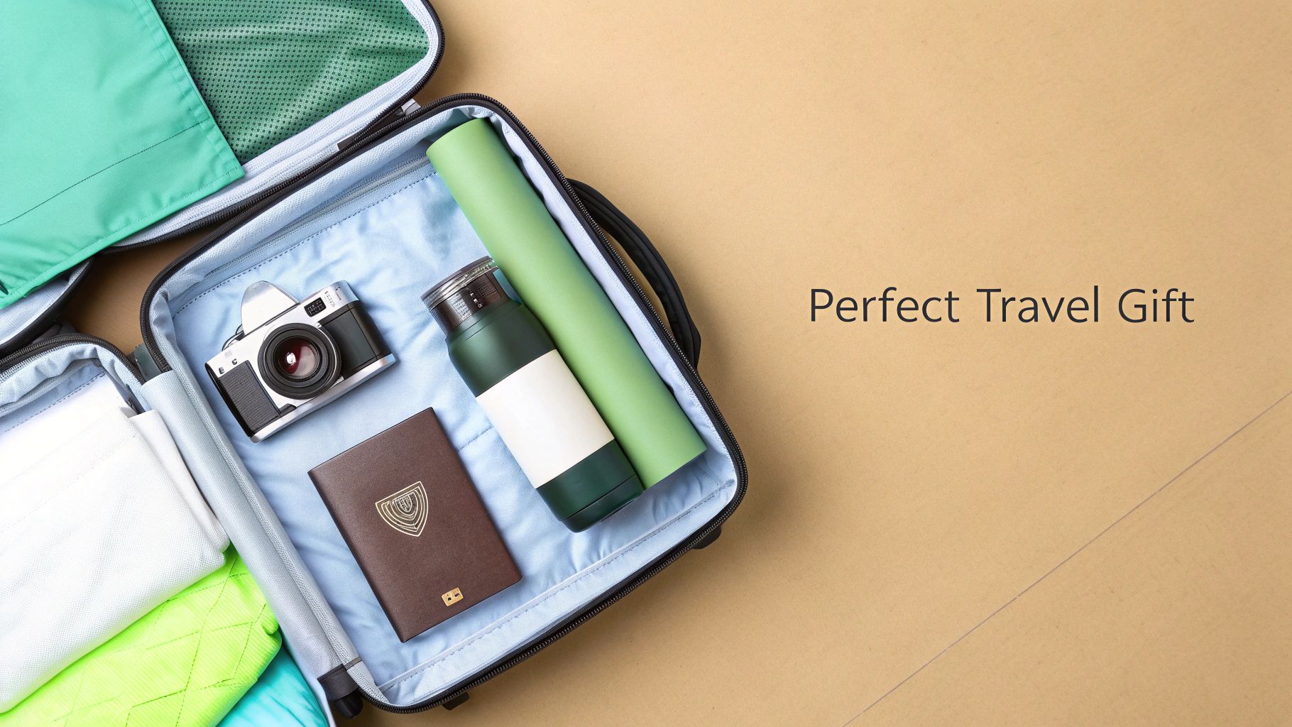 An open travel suitcase filled with a vintage camera, passport, water bottle, and neatly folded clothes on a beige background.