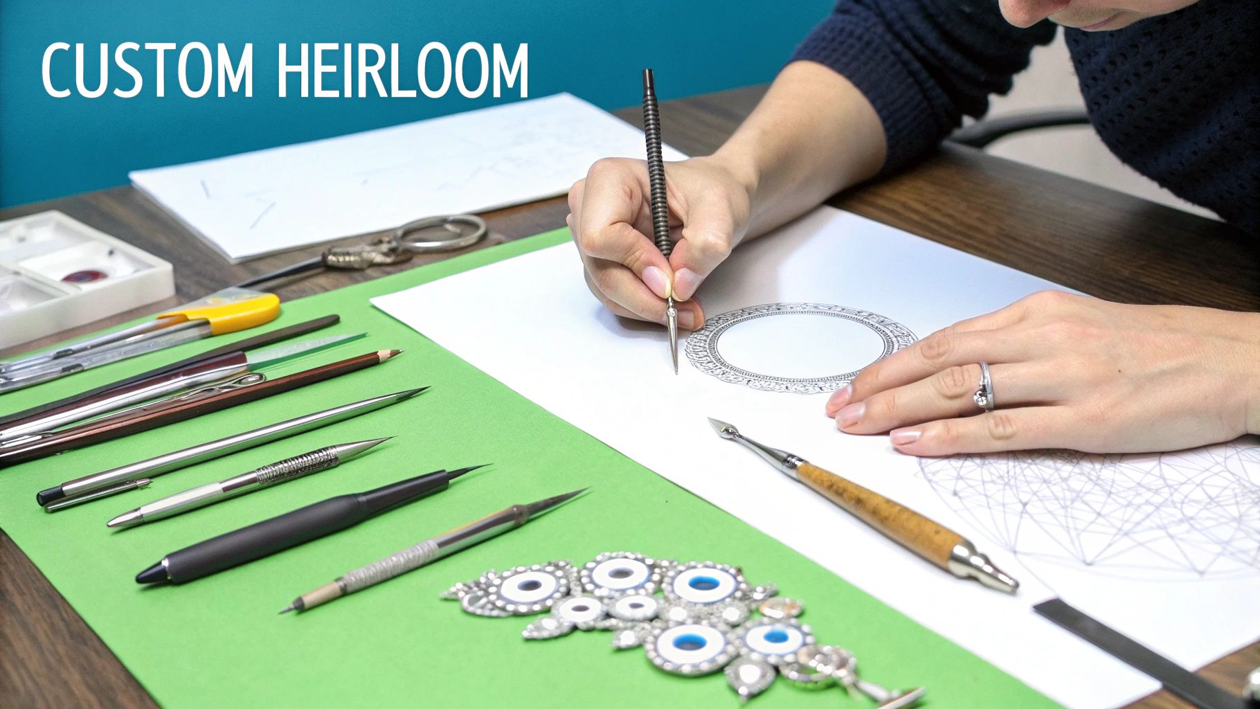 A person meticulously drawing an intricate custom heirloom jewelry design on paper with various tools.