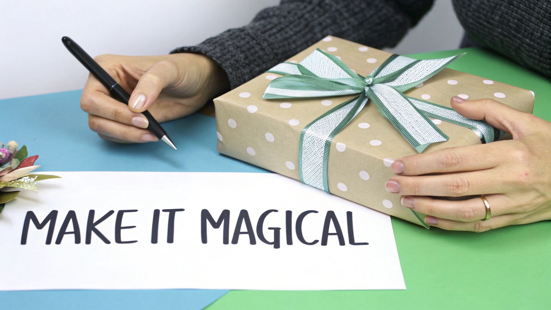 A woman beautifully wrapping a Christmas gift with festive paper and ribbon.