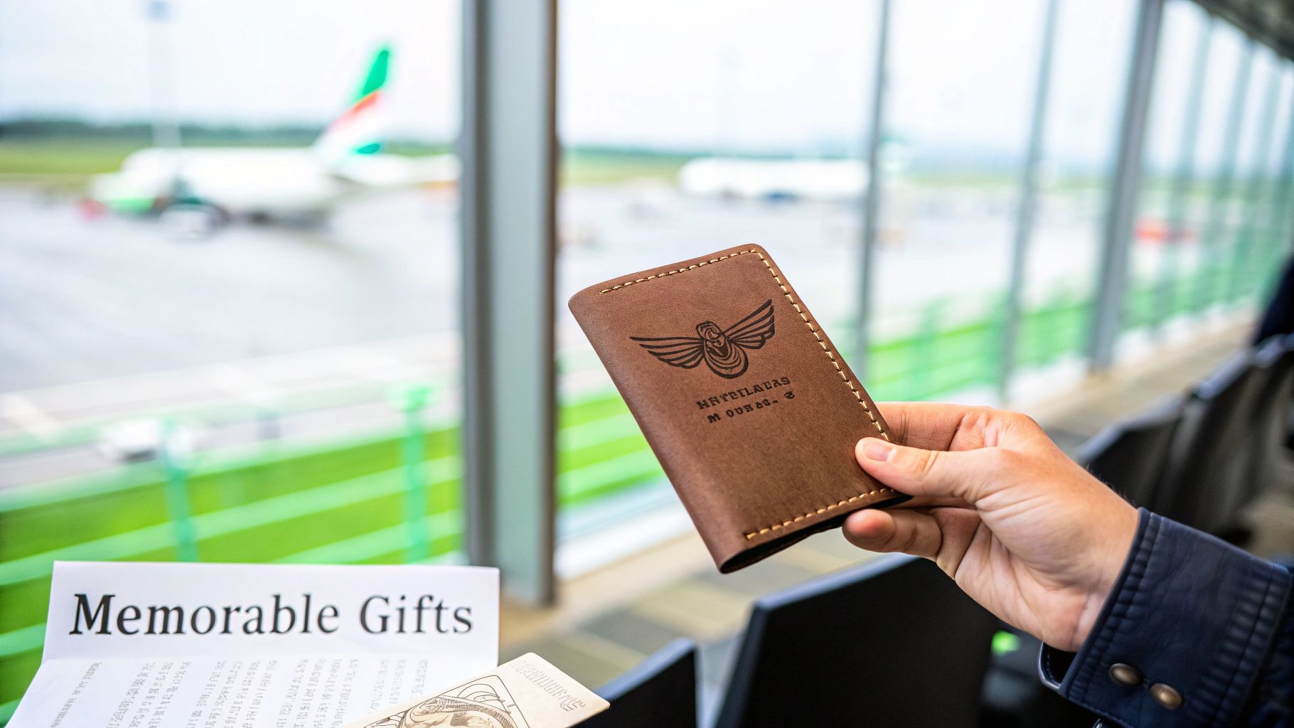 A hand holds a brown leather passport holder with a winged logo inside an airport.